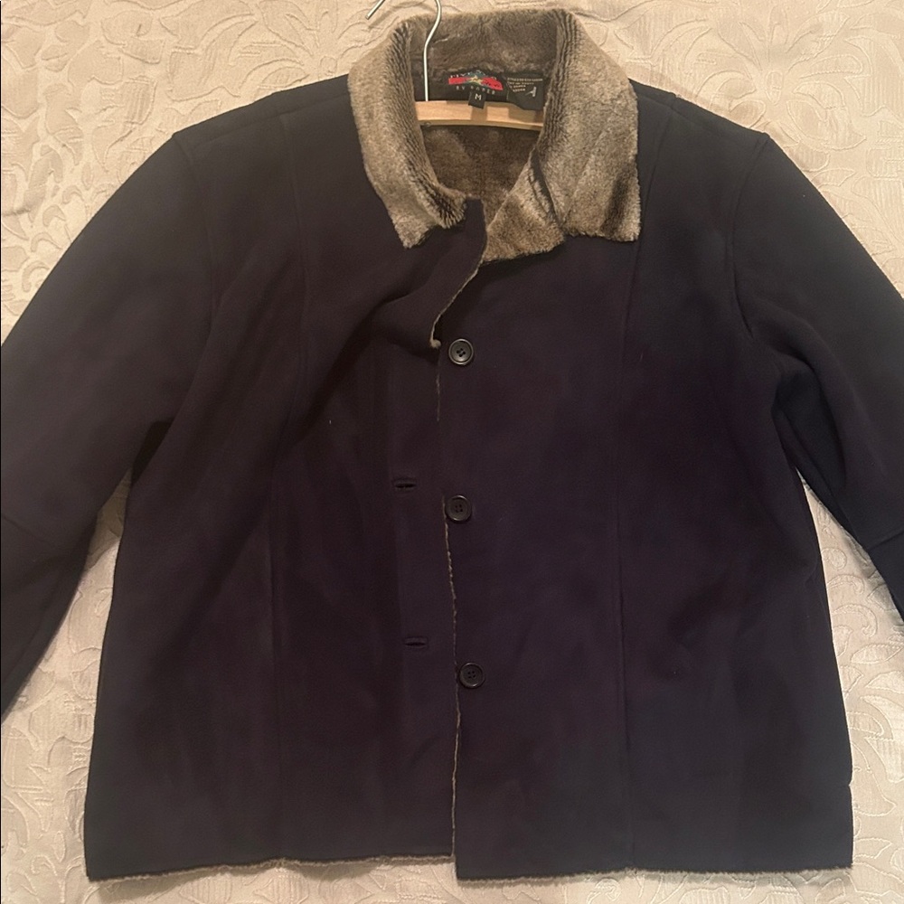 Five Star Men's Dark Blue Pea Coat with Faux Fur Collar